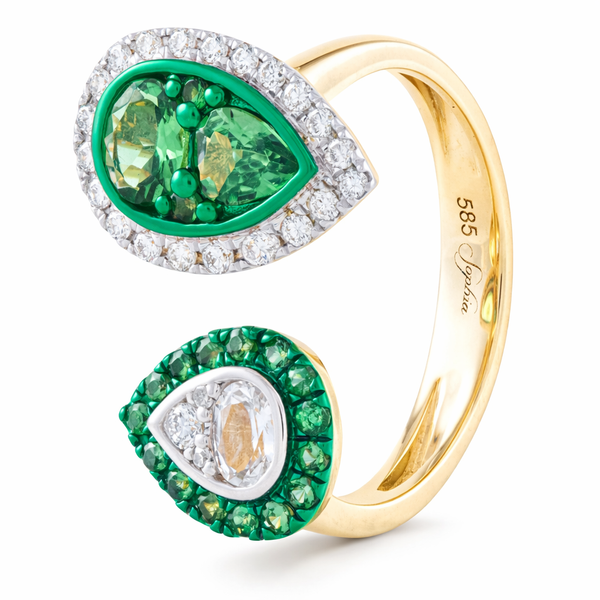 GreenTear Yellow Gold Green Garnet & Diamond Bypass Ring Mollys Jewelers Brooklyn, NY