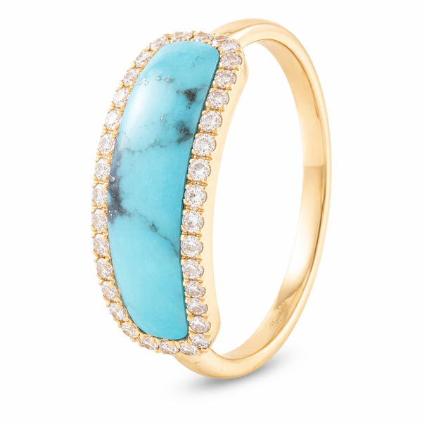 Yellow Gold Ring with Turquoise Center and Diamond Halo Mollys Jewelers Brooklyn, NY