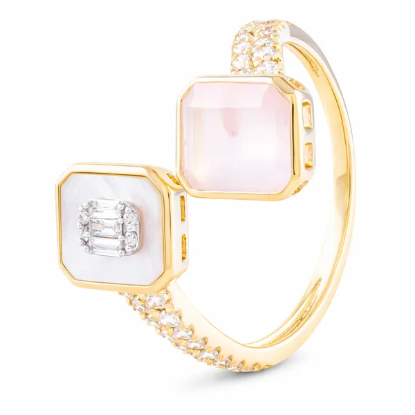 BlushGem – Open Yellow Gold Ring with Rose Quartz, Mother of Pearl & Diamonds Mollys Jewelers Brooklyn, NY