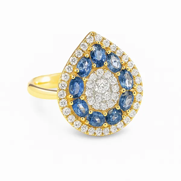 Teardrop Sapphire Cluster Yellow Gold Ring Mollys Jewelers Brooklyn, NY