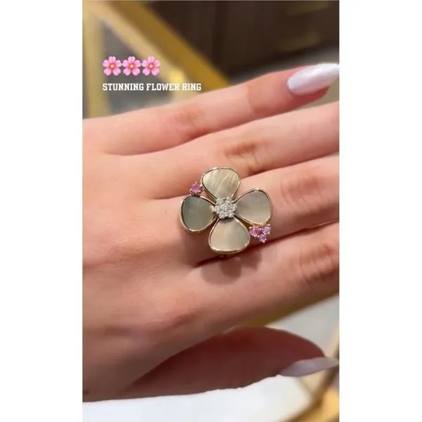 Blossom Gray Pearl Flower Ring with Pink Sapphires Image 2 Mollys Jewelers Brooklyn, NY