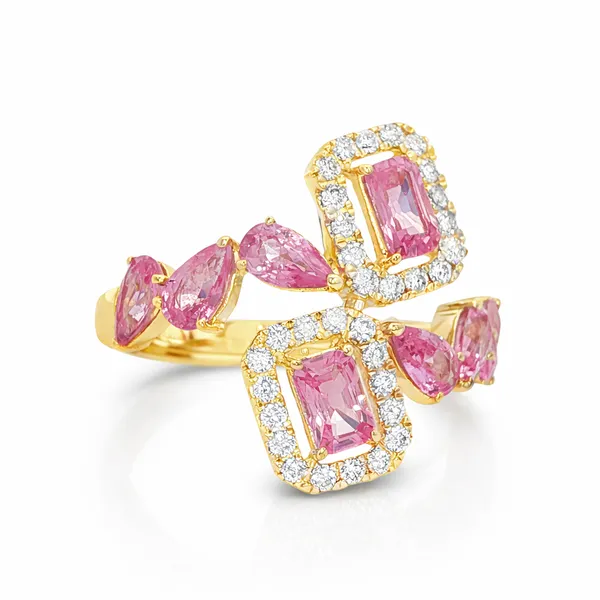 Yellow Gold Pink Sapphire Diamond Bypass Ring Image 2 Mollys Jewelers Brooklyn, NY