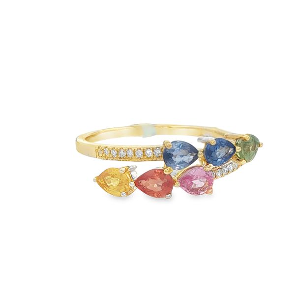 Yellow Gold Cascade Multi-Color Sapphire & Diamond Ring Image 2 Mollys Jewelers Brooklyn, NY