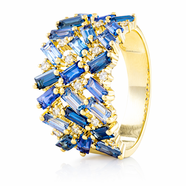 Yellow Gold Cascade Sapphire & Diamond Ring Mollys Jewelers Brooklyn, NY