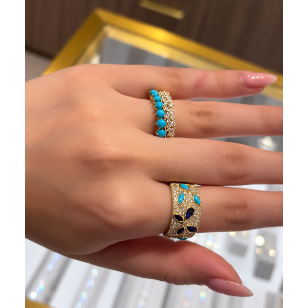 Turquoise & Sapphire Diamond Wide Band Ring Image 2 Mollys Jewelers Brooklyn, NY