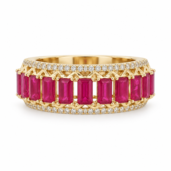 Ruby Baguette Diamond Edge Band Ring Mollys Jewelers Brooklyn, NY