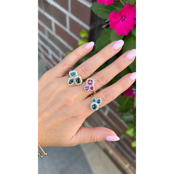 London Blue Topaz Trio Diamond Halo Ring Image 2 Mollys Jewelers Brooklyn, NY