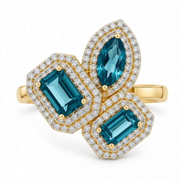 London Blue Topaz Trio Diamond Halo Ring Mollys Jewelers Brooklyn, NY