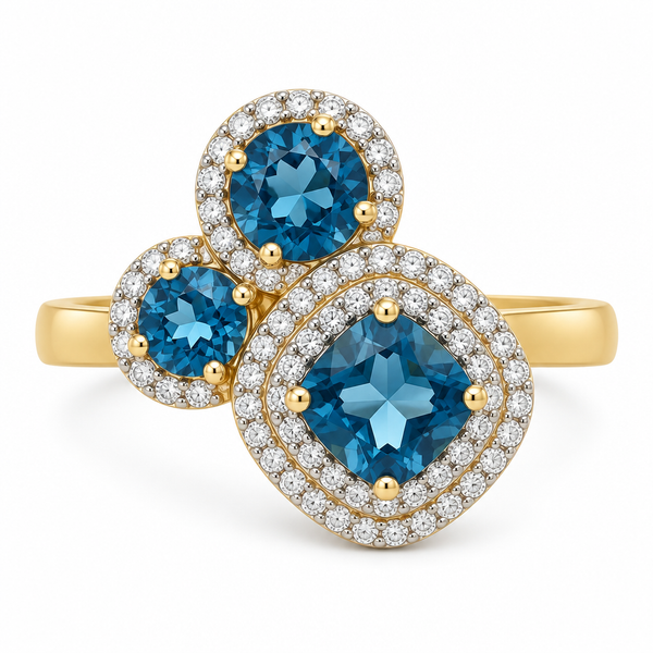 London Blue Topaz Trio Diamond Halo Ring Mollys Jewelers Brooklyn, NY