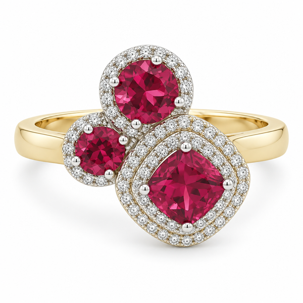 Rubellite Tourmaline Trio Diamond Halo Ring Mollys Jewelers Brooklyn, NY