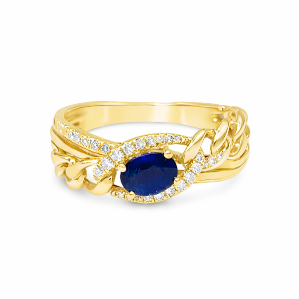 Yellow Gold Chain Sapphire Ring with Diamond Halo – Link Mollys Jewelers Brooklyn, NY