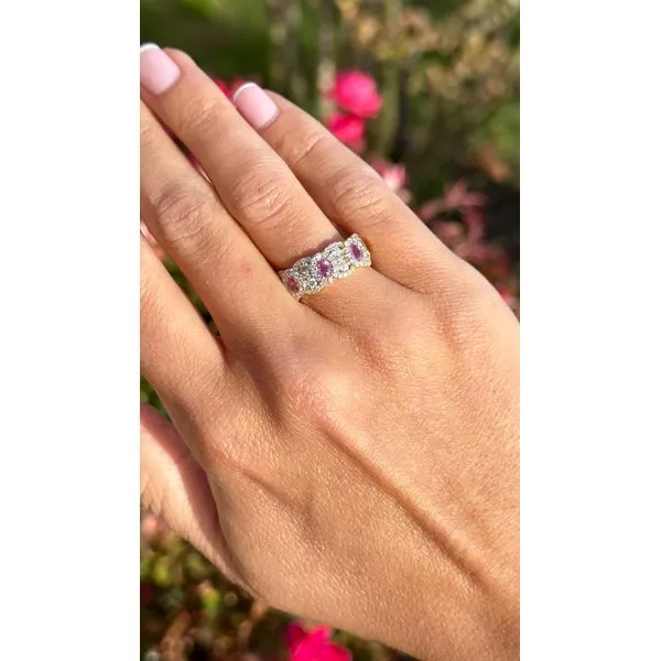 Triple Pink Sapphire Halo Ring in Yellow Gold Image 2 Mollys Jewelers Brooklyn, NY