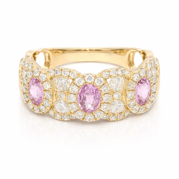 Triple Pink Sapphire Halo Ring in Yellow Gold Mollys Jewelers Brooklyn, NY