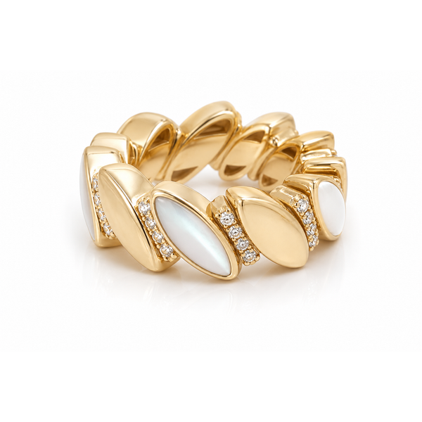 Yellow Gold Flexible Mother of Pearl Diamond Ring Mollys Jewelers Brooklyn, NY