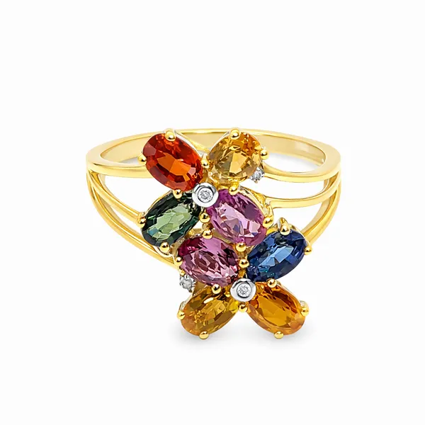 Yellow Gold Petal Multi Color Sapphire & Diamond Flower Ring Mollys Jewelers Brooklyn, NY