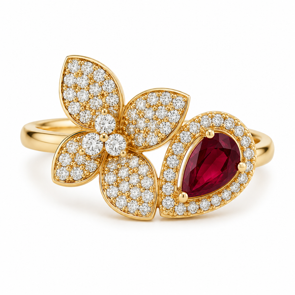 Floral Ruby Bloom Ring with Diamonds in Yellow Gold Mollys Jewelers Brooklyn, NY