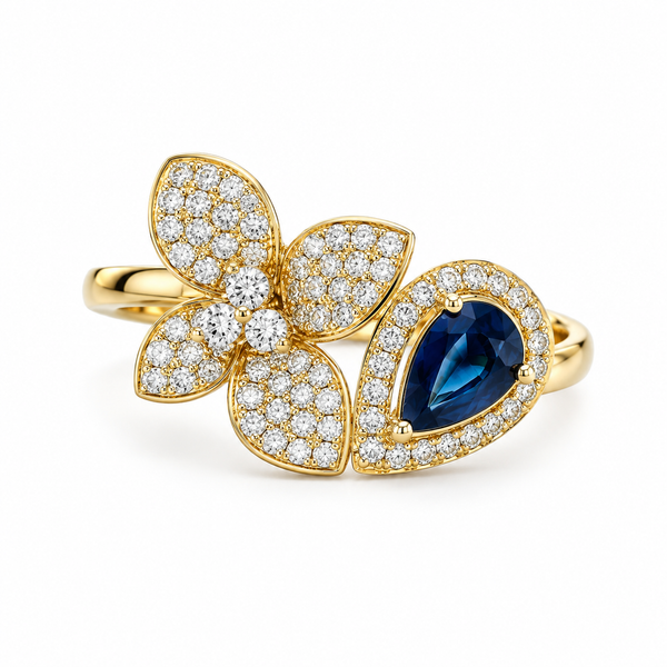 Floral Sapphire Bloom Ring with Diamonds in Yellow Gold Mollys Jewelers Brooklyn, NY