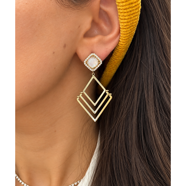 Mother of Pearl & Diamond Layered Geometric Drop Earrings Mollys Jewelers Brooklyn, NY