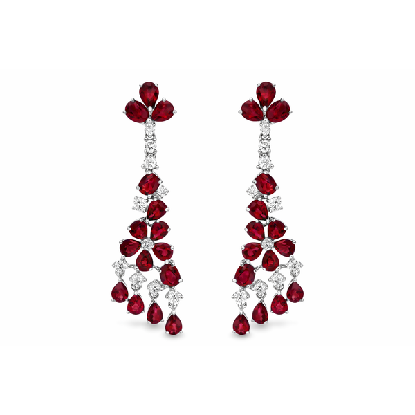 White Gold Cascade Ruby & Diamond Drop Earrings Mollys Jewelers Brooklyn, NY