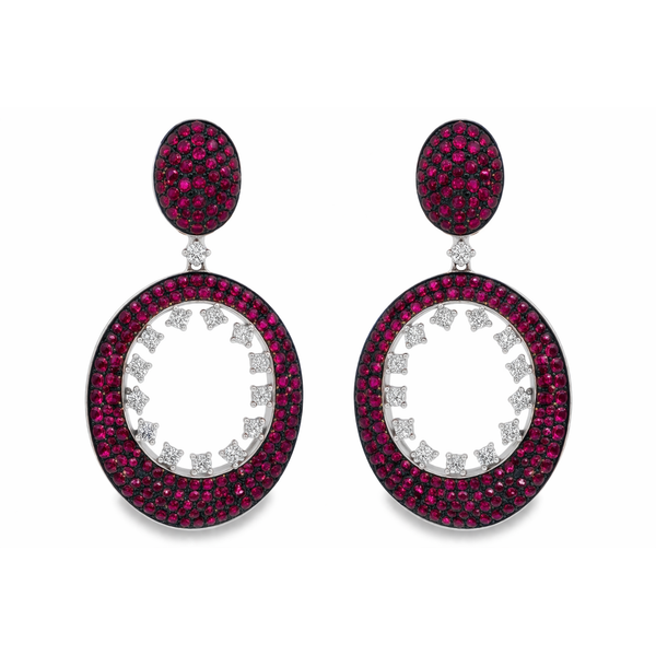 Rose Gold Ruby Diamond Drop Earrings – Oval Halo Dangle Image 2 Mollys Jewelers Brooklyn, NY