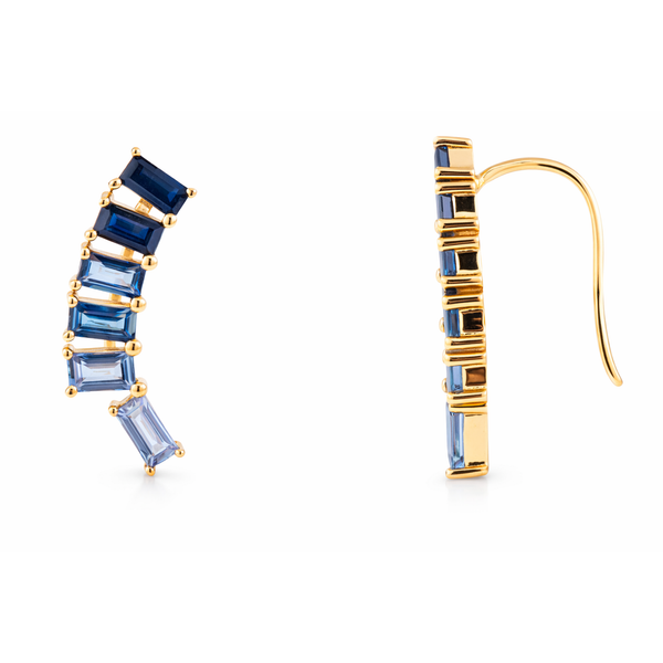 Azure Sapphire Yellow Gold Climber Earrings Mollys Jewelers Brooklyn, NY