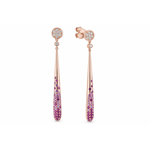 Aurora Pink Sapphire & Diamond Rose Gold Drop Earrings Mollys Jewelers Brooklyn, NY