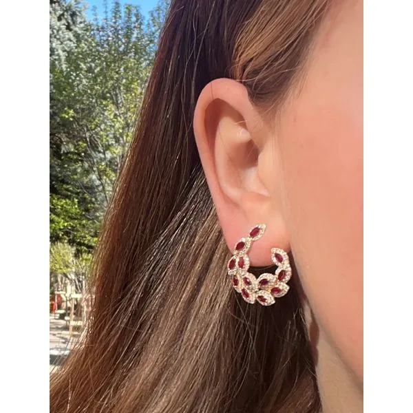 Yellow Gold VineGlow Ruby & Diamond Marquise Hoop Earrings Image 4 Mollys Jewelers Brooklyn, NY