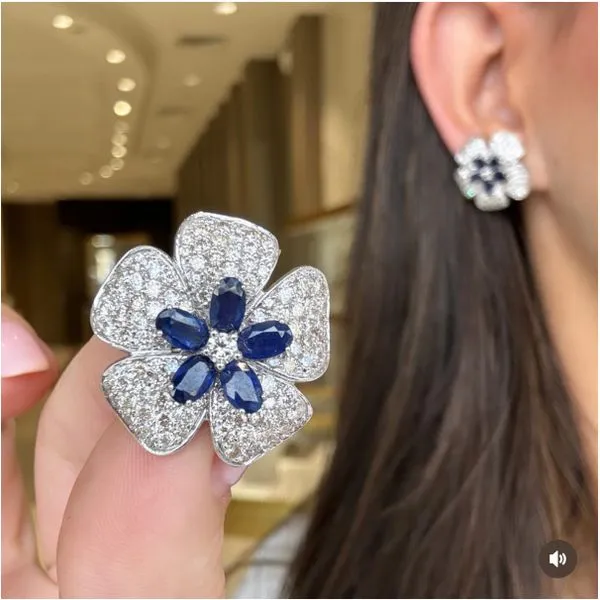 White Gold Blossom Sapphire & Diamond Floral Earrings Image 4 Mollys Jewelers Brooklyn, NY