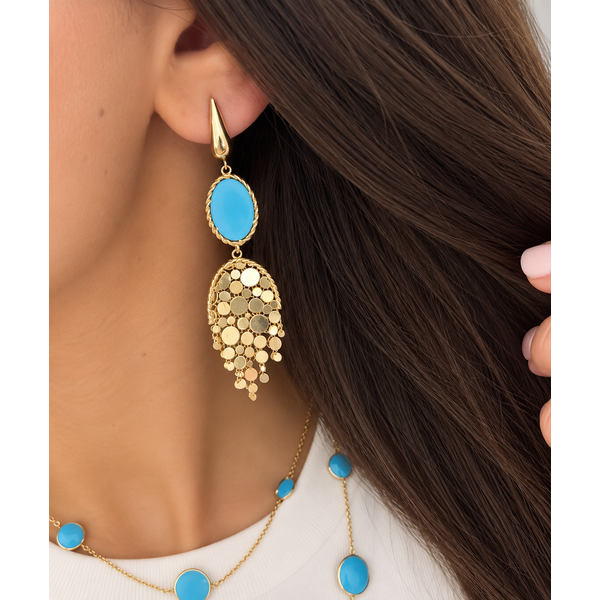 Turquoise & Textured Gold Fringe Drop Earrings Mollys Jewelers Brooklyn, NY