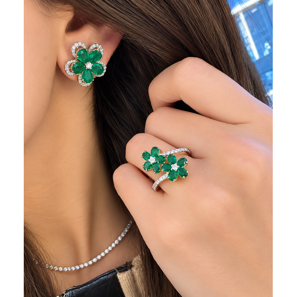 White Gold VerdantBloom Emerald & Diamond Flower Earrings Image 2 Mollys Jewelers Brooklyn, NY