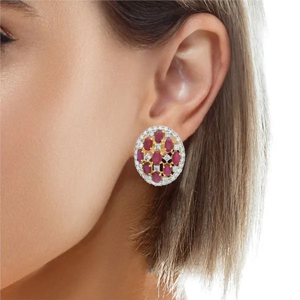 Yellow Gold RadiantOval Ruby & Diamond Statement Earrings Image 2 Mollys Jewelers Brooklyn, NY