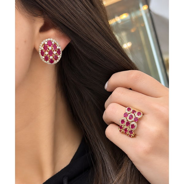 Yellow Gold RadiantOval Ruby & Diamond Statement Earrings Image 2 Mollys Jewelers Brooklyn, NY