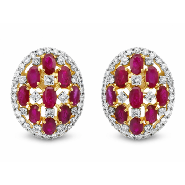 Yellow Gold RadiantOval Ruby & Diamond Statement Earrings Mollys Jewelers Brooklyn, NY