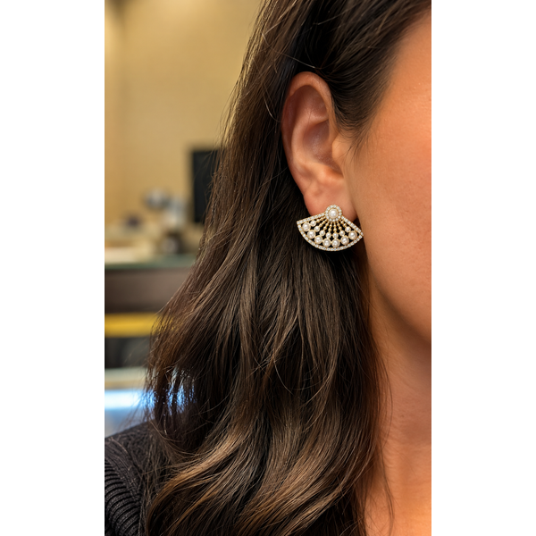 14K Yellow Gold Mother of Pearl & Diamond Fan Earrings – 1.18 CTW Image 2 Mollys Jewelers Brooklyn, NY