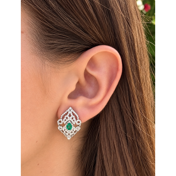 Emerald & Diamond Ornate Openwork Earrings Image 2 Mollys Jewelers Brooklyn, NY