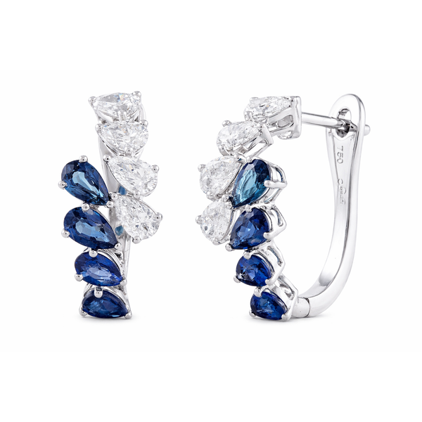 White Gold CascadePear Sapphire & Diamond Hoop Earrings Mollys Jewelers Brooklyn, NY