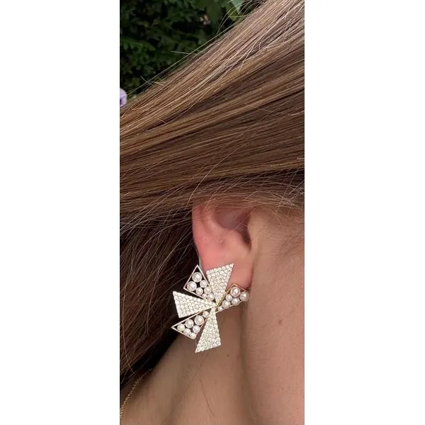 Lady's 14Kt Yellow Gold Pearl & Diamond Geometric Statement Earrings Image 2 Mollys Jewelers Brooklyn, NY