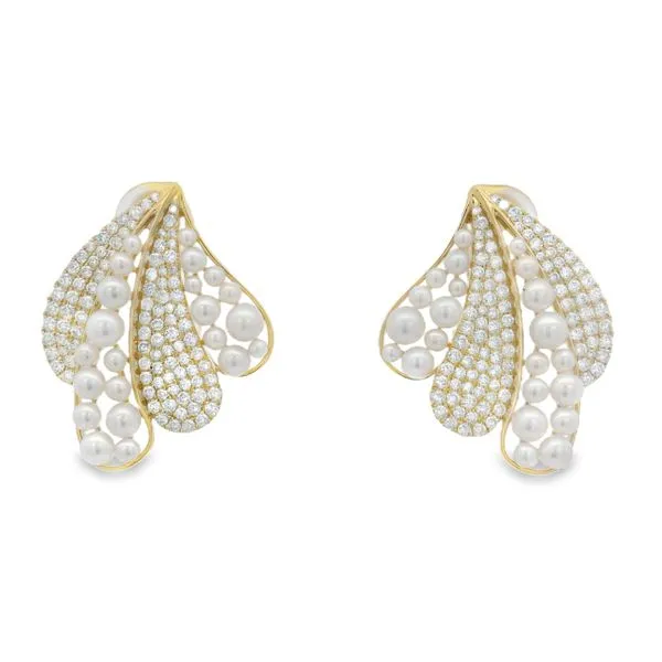 14Kt Yellow Gold Diamond & Pearl Cluster Fan Earrings Mollys Jewelers Brooklyn, NY