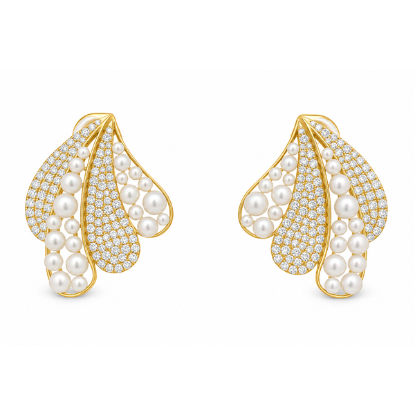 14Kt Yellow Gold Diamond & Pearl Cluster Fan Earrings Mollys Jewelers Brooklyn, NY