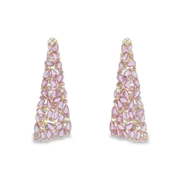 14Kt Yellow Gold Pink Sapphire & Diamond Tapered Statement Earrings Mollys Jewelers Brooklyn, NY