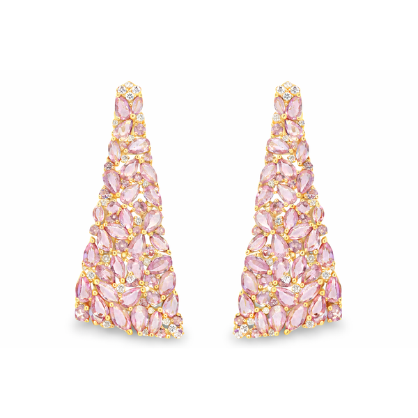 14Kt Yellow Gold Pink Sapphire & Diamond Tapered Statement Earrings Mollys Jewelers Brooklyn, NY