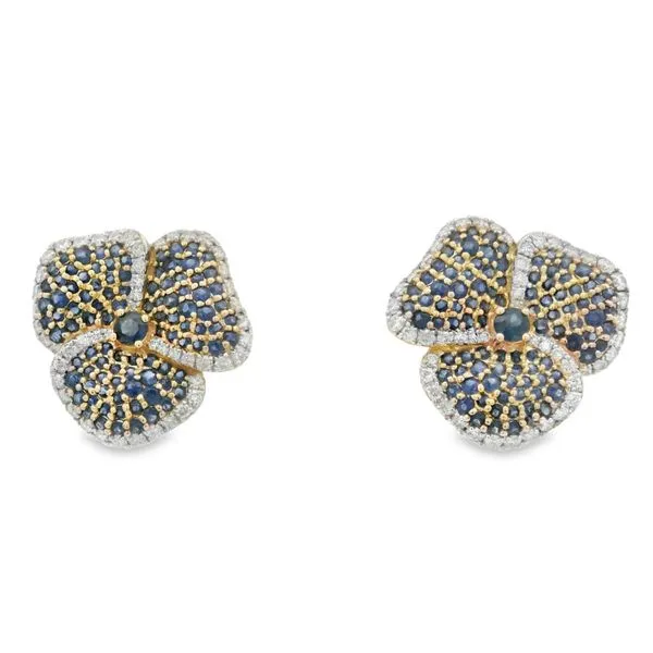 Lady's 14Kt Yellow Gold Sapphire and Diamond Floral Stud Earrings Mollys Jewelers Brooklyn, NY