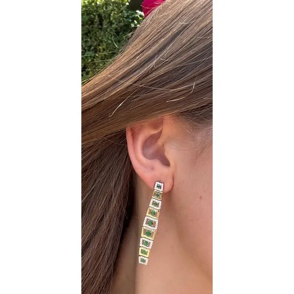 Lady's 14Kt Yellow Gold Emerald and Diamond Geometric Drop Earrings Image 2 Mollys Jewelers Brooklyn, NY