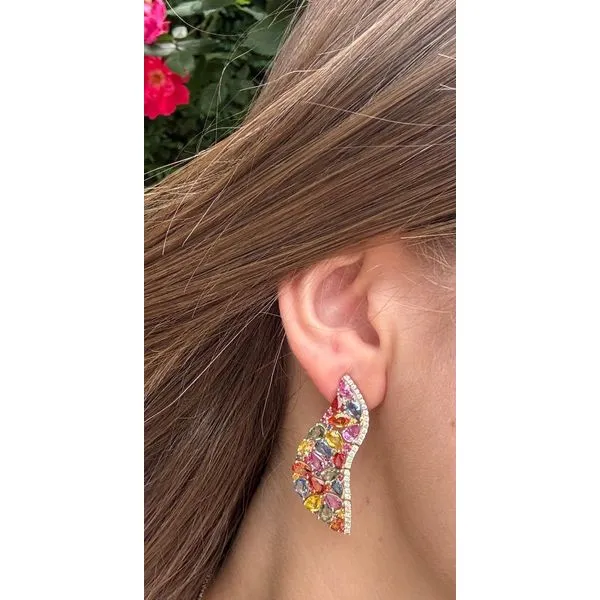 Lady's 14Kt Yellow Gold Multi-Sapphire & Diamond Earrings – 16.43 TWT Sapphires / 0.80 TWT Diamonds Image 2 Mollys Jewelers Brooklyn, NY