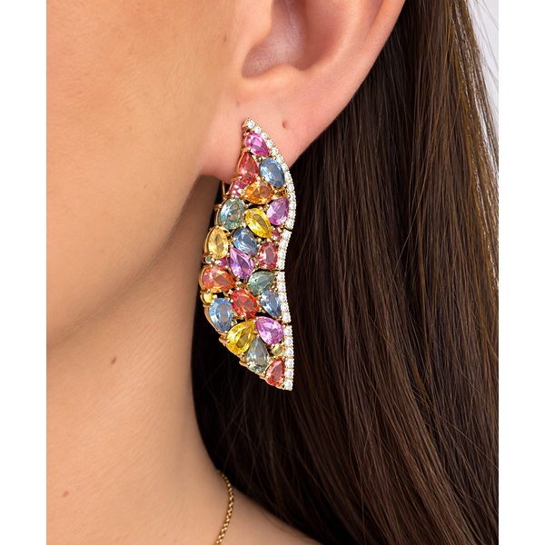 Lady's 14Kt Yellow Gold Multi-Sapphire & Diamond Earrings – 16.43 TWT Sapphires / 0.80 TWT Diamonds Image 2 Mollys Jewelers Brooklyn, NY