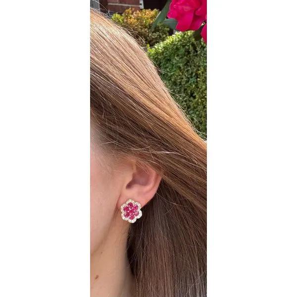 14Kt Yellow Gold Ruby & Diamond Floral Earrings Mollys Jewelers Brooklyn, NY
