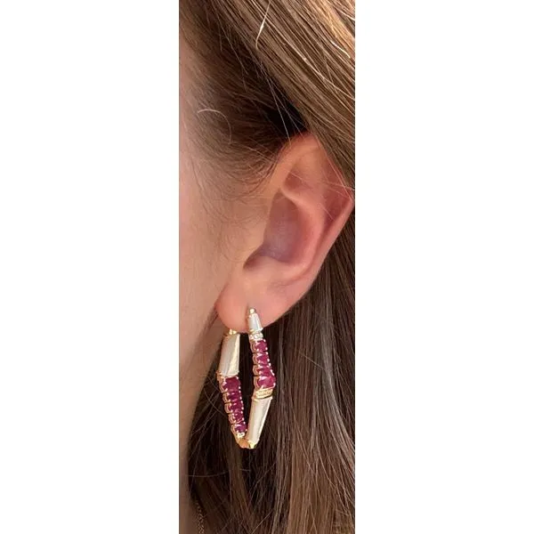 14Kt Yellow Gold Ruby & Mother of Pearl Hoop Earrings Image 2 Mollys Jewelers Brooklyn, NY