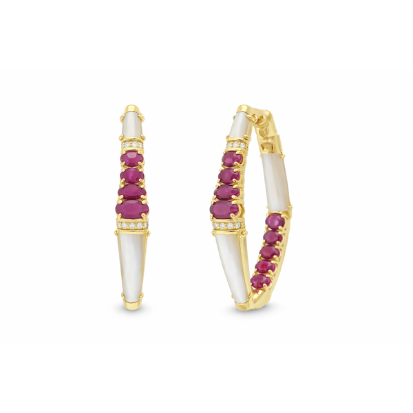 14Kt Yellow Gold Ruby & Mother of Pearl Hoop Earrings Mollys Jewelers Brooklyn, NY