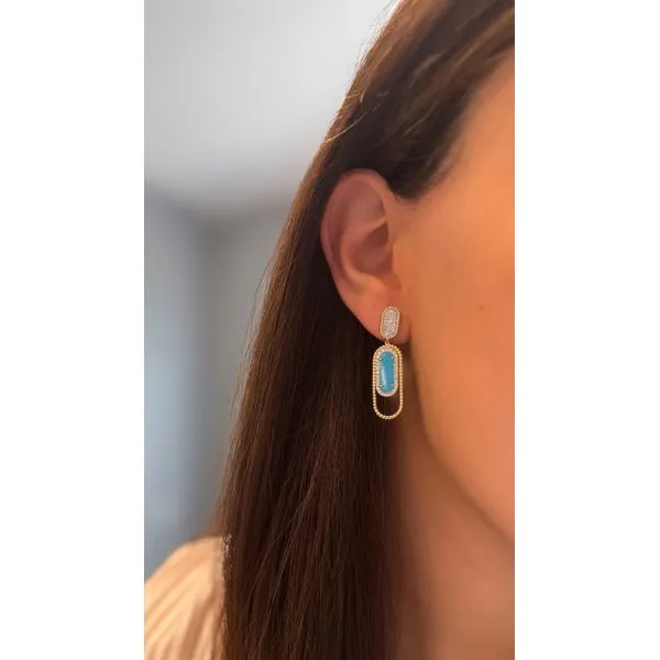 14Kt Yellow Gold Turquoise & Diamond Drop Earrings Image 3 Mollys Jewelers Brooklyn, NY
