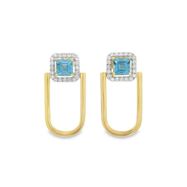 14Kt Yellow Gold Blue Topaz & Diamond Halo Drop Earrings Mollys Jewelers Brooklyn, NY